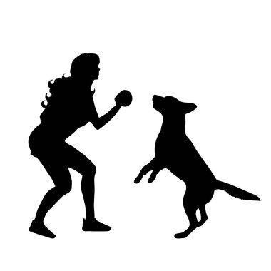 Kadın ile köpek beyaz zemin üzerine siluet vektör.