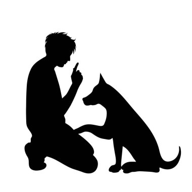 Adam köpek beyaz arka plan ile vektör silüeti.