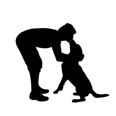 Adam köpek beyaz arka plan ile vektör silüeti.