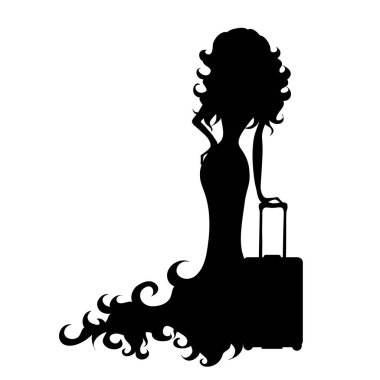 Bavulla beyaz arka plan üzerinde seyahat eden kadın silüeti vektör.