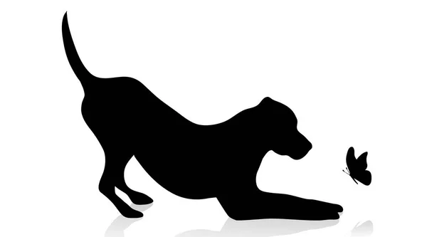 Siluet Vektor Anjing Dengan Kupu Kupu Latar Belakang Putih - Stok Vektor
