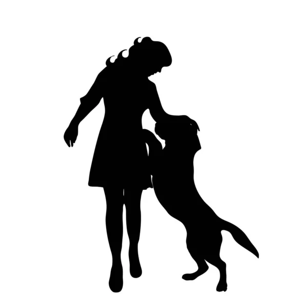 Silueta Vectorial Mujer Con Perro Fondo Blanco — Vector de stock