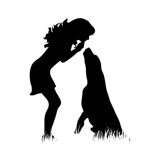 Silhouette Vectorielle Fille Avec Chien Dans Herbe Sur Fond Blanc — Image vectorielle