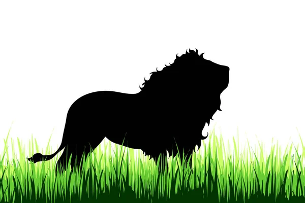 Silhouette Vectorielle Lion Sur Une Prairie Sur Fond Blanc — Image vectorielle