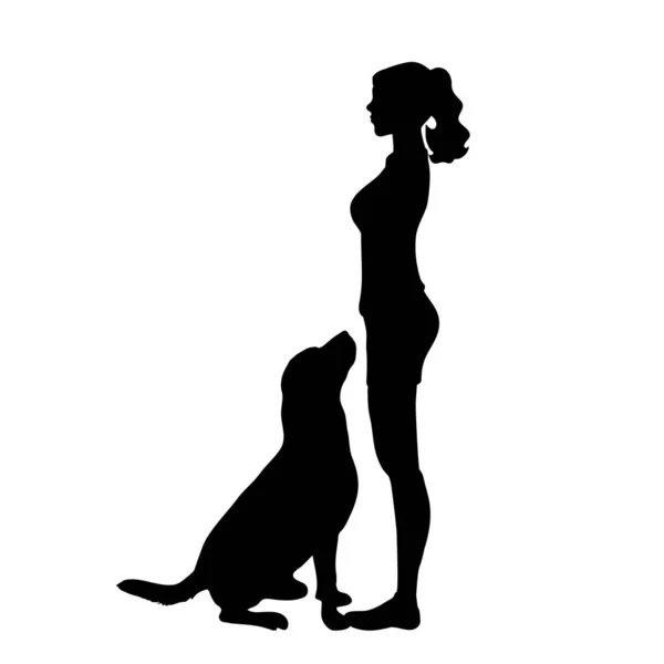 白い背景で犬と女性のベクトル シルエット — ストックベクタ