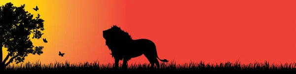 Vektorsilhouette Des Löwen Der Natur Bei Sonnenuntergang — Stockvektor