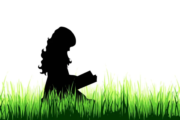 Vector Silhouette Girl Who Read Book Meadow White Background — Stock Vector