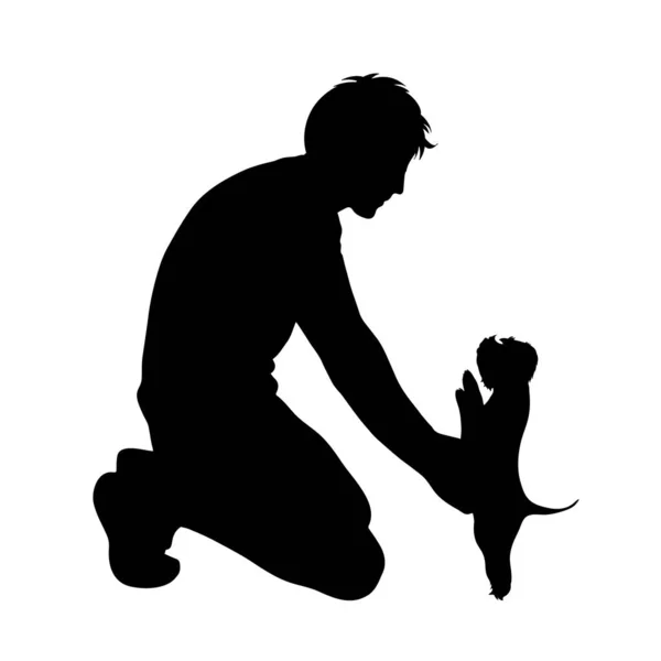 Vector Silhouet Van Man Met Hond Witte Achtergrond — Stockvector