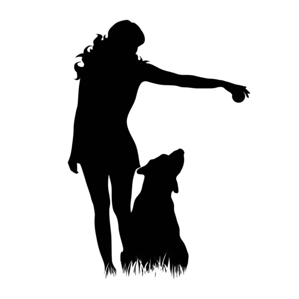 Silhouette Vectorielle Fille Avec Chien Dans Herbe Sur Fond Blanc — Image vectorielle