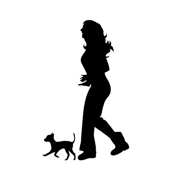 Silueta Vectorial Mujer Con Perro Sobre Fondo Blanco — Vector de stock