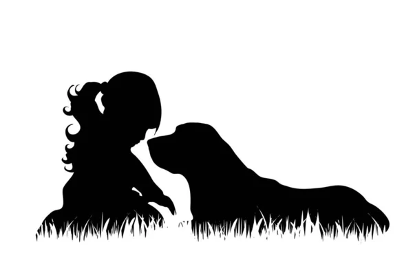 Vector silhouette of girl with dog in the grass on white background.