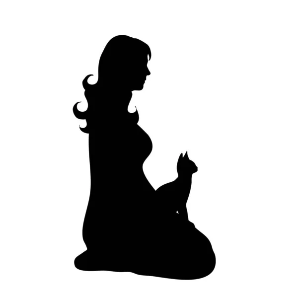 Vector Silhouette Woman Cat White Background — Stock Vector