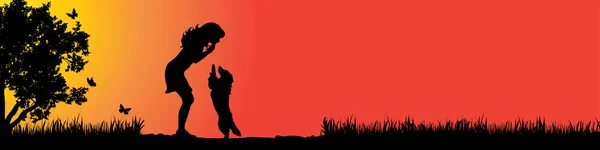 Vector Silhouet Van Meisje Met Hond Natuur Bij Zonsondergang — Stockvector