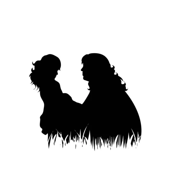 Silhouette Vectorielle Mère Avec Fille Dans Herbe Sur Fond Blanc — Image vectorielle