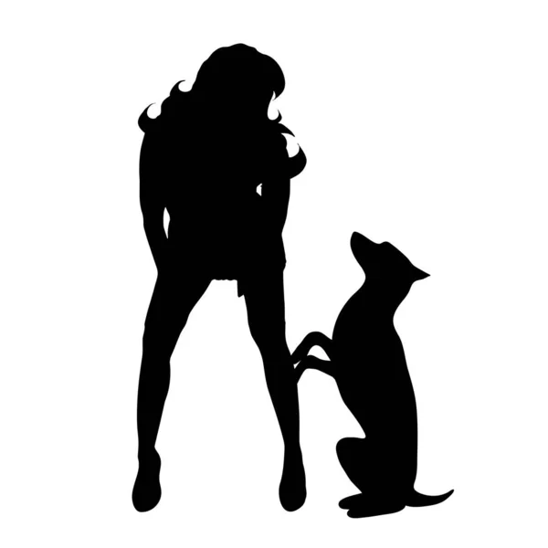 白い背景の上の犬と女性のベクトル シルエット — ストックベクタ