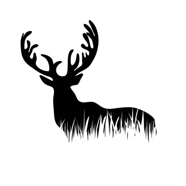 鹿的向量剪影在草在白色背景 — 图库矢量图片
