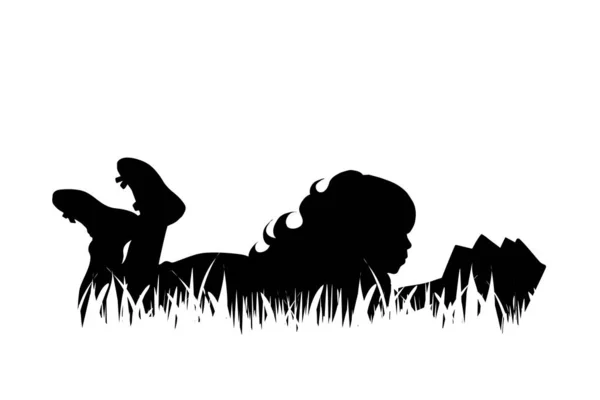 女の子のベクトル シルエットは白い背景の草で本を読む — ストックベクタ