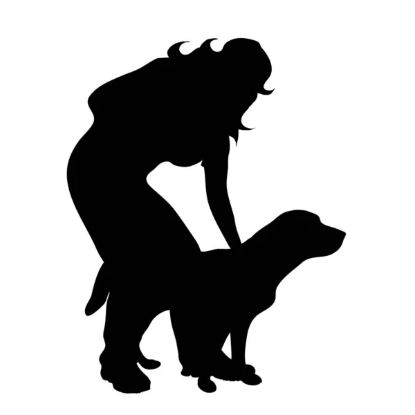 Silueta Vectorial Mujer Con Perro Fondo Blanco — Vector de stock