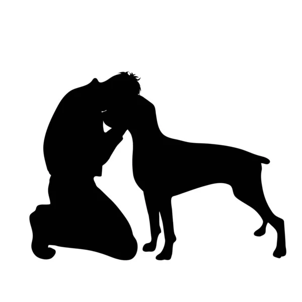 Siluet Vektor Pria Sedih Dengan Latar Belakang Putih Anjing - Stok Vektor