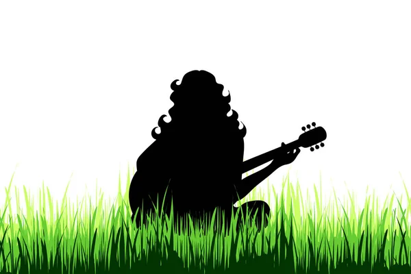 在白色背景的草甸上演奏吉他的女孩的向量剪影 — 图库矢量图片