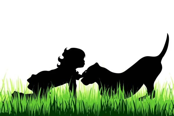 Vector Silhouette Child Who Play Dog Meadow — Stock Vector