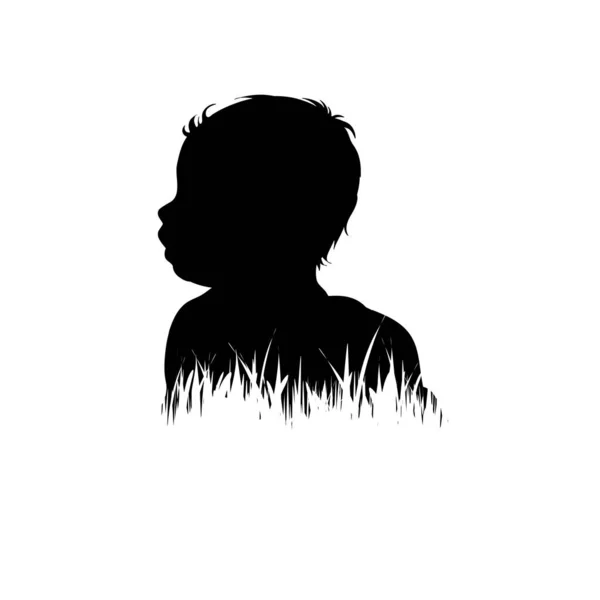 Silhouette Vectorielle Bébé Dans Herbe Sur Fond Blanc — Image vectorielle