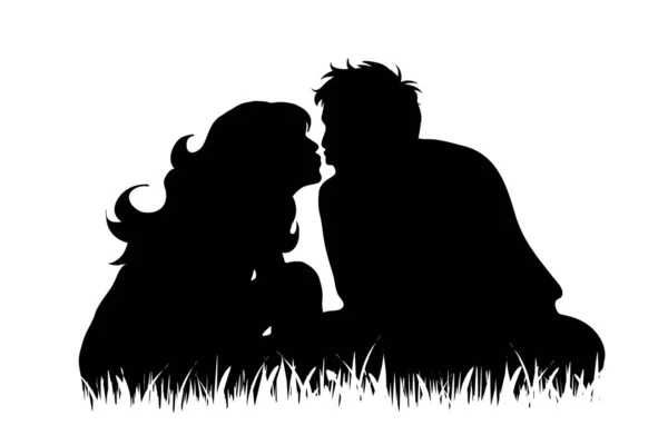 Silhouette Vectorielle Couple Assis Dans Herbe Embrasser Sur Fond Blanc — Image vectorielle