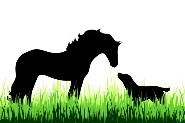 Vector Silhouette Horse Dog Meadow White Background — Stock Vector