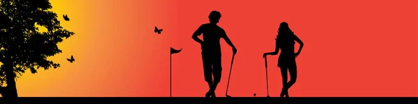 Vektor Silhuett Golfspelare Naturen Vid Solnedgången — Stock vektor