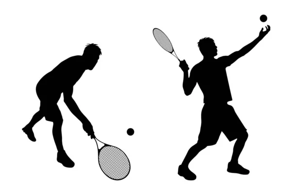 在白色背景上打网球的人的向量剪影 — 图库矢量图片