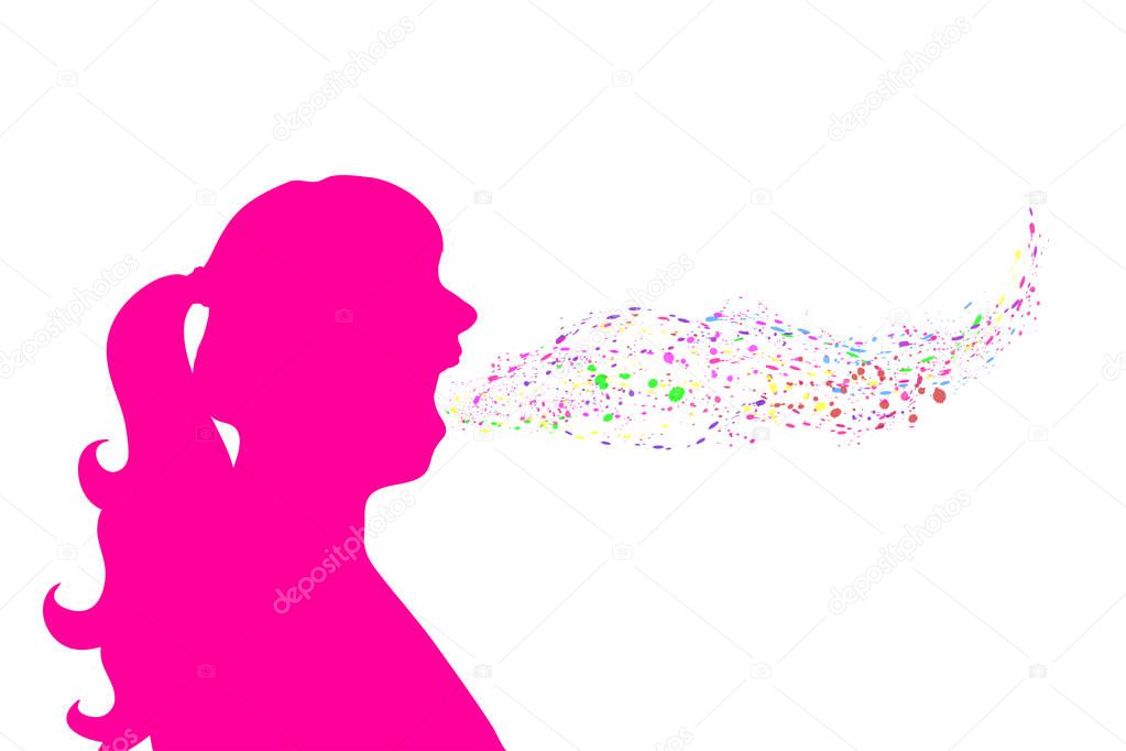Vector silhouette of woman who sing on white background.