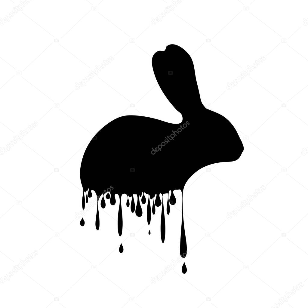 Vector silhouette of rabbit with drops on white background.