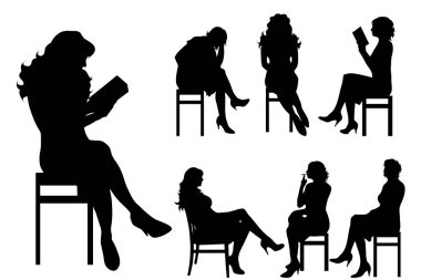 Beyaz arka plan üzerinde kitap okuyan kadın silüeti vektör.