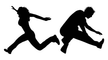 Beyaz zemin üzerine atlamak insanların siluet vektör.