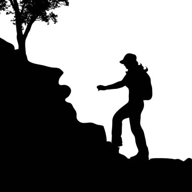 Bir beyaz zemin üzerinde bir kayaya tırmanma kadın silüeti vektör.