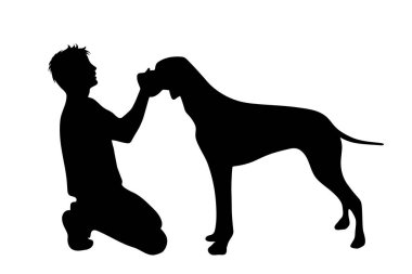 Adam köpek beyaz arka plan ile vektör silüeti.