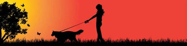 Vector Silhouet Van Hond Natuur Bij Zonsondergang — Stockvector