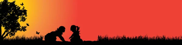 Silhouette Vectorielle Des Enfants Dans Nature Coucher Soleil — Image vectorielle