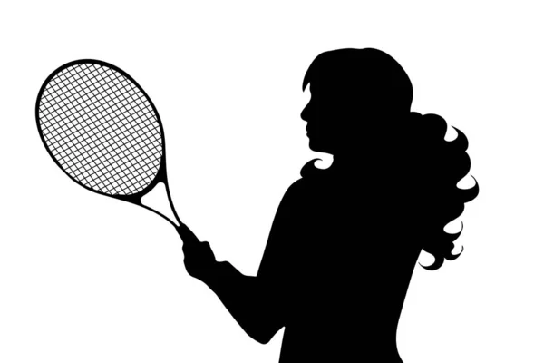 在白色背景上打网球的妇女的向量剪影 — 图库矢量图片