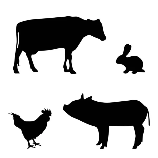 农场动物的向量剪影在白色背景 — 图库矢量图片
