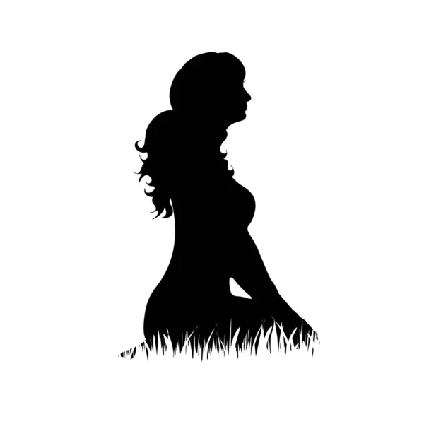 白い背景の草を瞑想する女性のベクトル シルエット — ストックベクタ