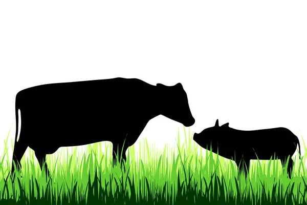 암소와 바탕에 풀밭에 돼지의 실루엣 — 스톡 벡터