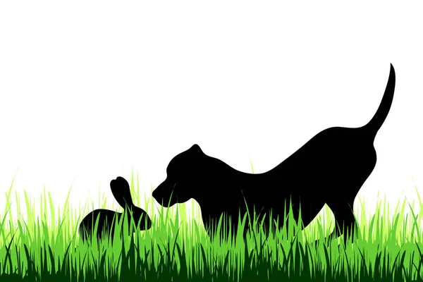 Vektorsilhouette Von Hund Und Hase Auf Einer Wiese Auf Weißem — Stockvektor