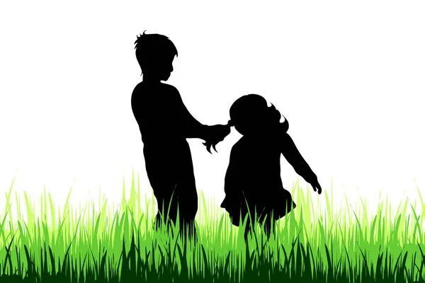 Vector Silhouette Children Who Play Meadow — Stock Vector