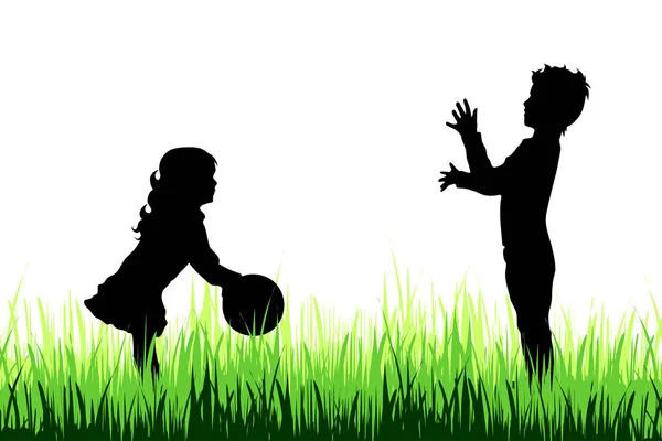 Vector Silhouette Children Who Play Meadow — Stock Vector