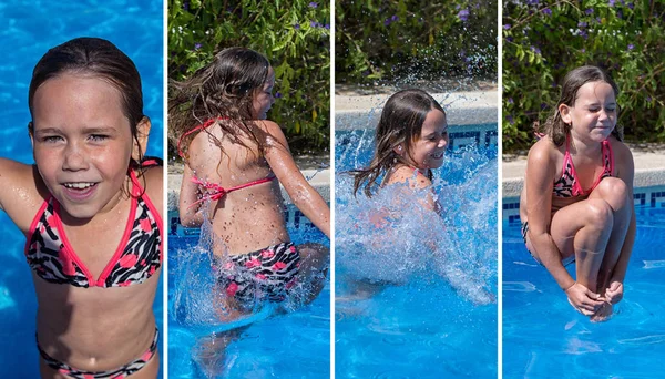 Conjunto Niña Que Salta Piscina — Foto de Stock