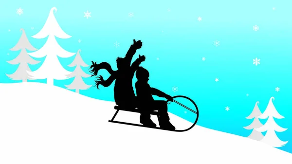 Vector Silhouette Children Who Sledding Snow Toboggan Mountains Winter — Stock Vector