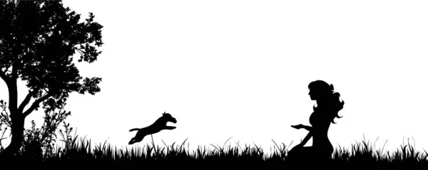 Silhouette Vectorielle Femme Avec Chien Sur Prairie — Image vectorielle