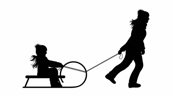 Silhouette Vectorielle Famille Qui Traîne Sur Neige Toboggan — Image vectorielle