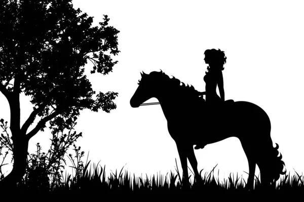 Vector Silhouette Woman Horse Meadow — Stock Vector